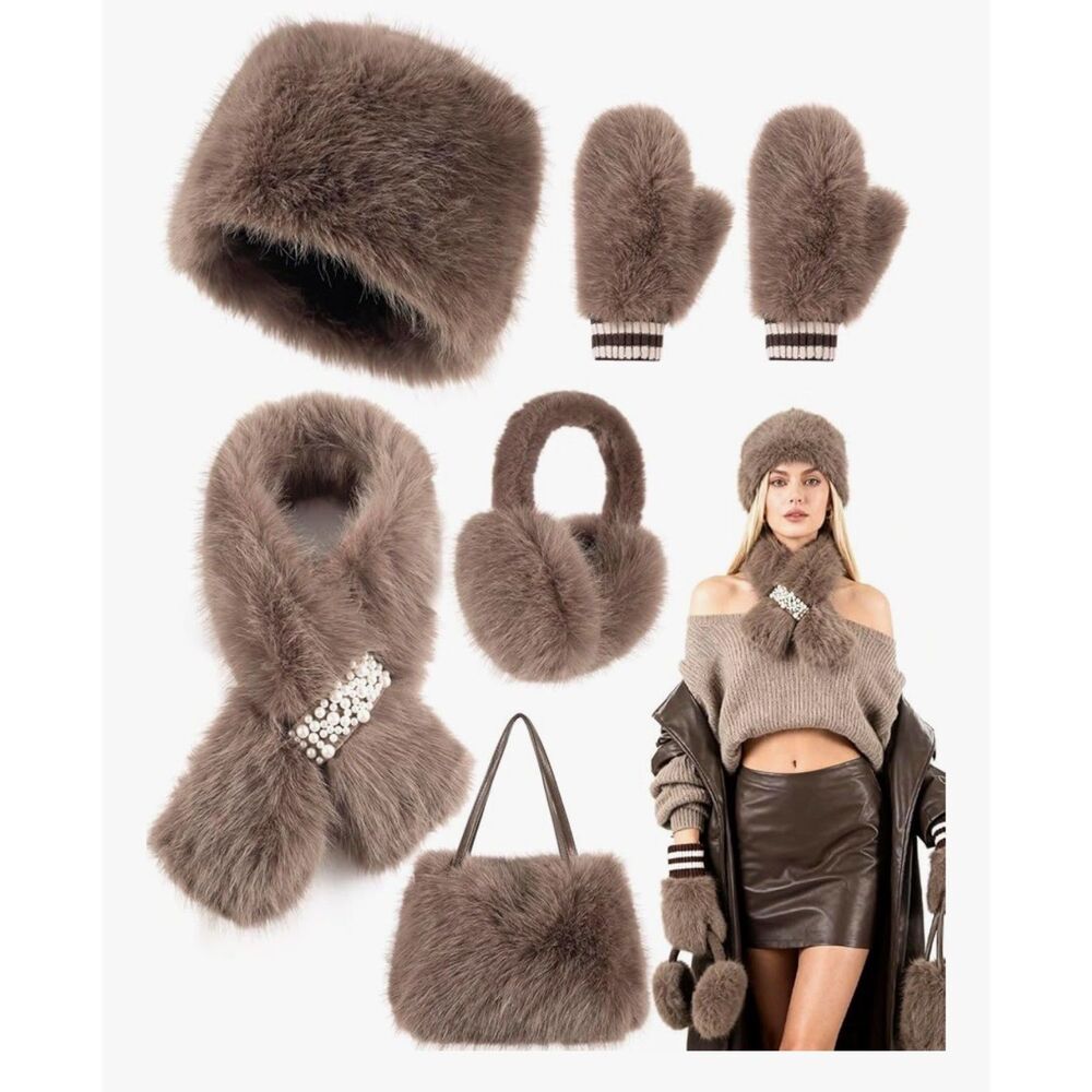Brown Grey Faux Fur Earmuffs Hat Handbag Set
